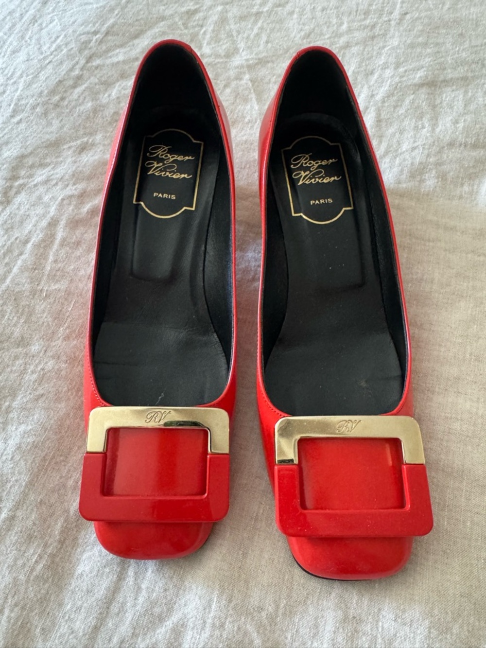 Roger Vivier Red Patent Leather Square-Buckle Flats